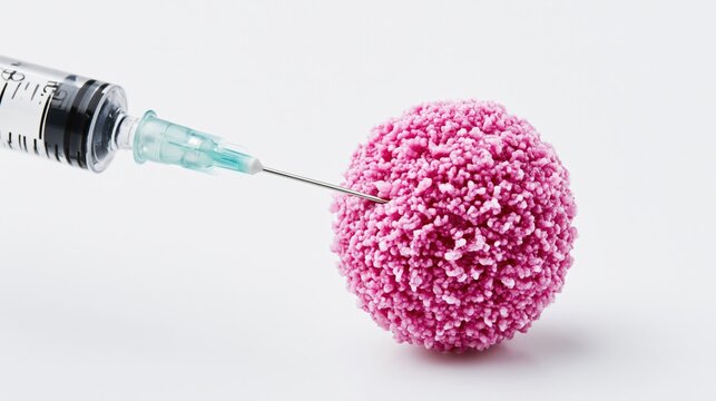 Syringe piercing spiky virus model on white studio surface