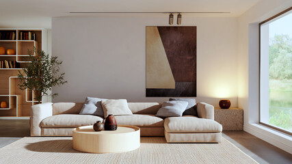 Obraz premium 3D render, illustration Large Luxury modern living room interior, brutalist architecture realistic lighting, Graphic Overlay wide angle, contemporary furniture, clean lines, minimalist decor, elegan