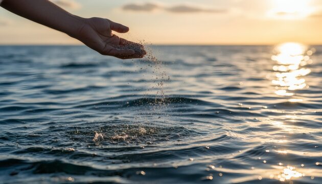 Close up of a hand releasing ashes scattered at sea during a peaceful golden sunset, representing a memorial, grief, and eternal remembrance concept with glistening ocean water