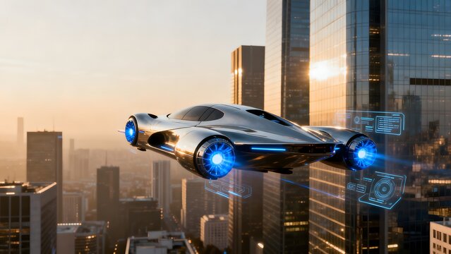 Futuristic flying car in city skyline