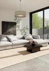 Obraz premium 3D render, illustration Large Luxury modern living room interior, brutalist architecture realistic lighting, Graphic Overlay wide angle, contemporary furniture, clean lines, minimalist decor, elegan