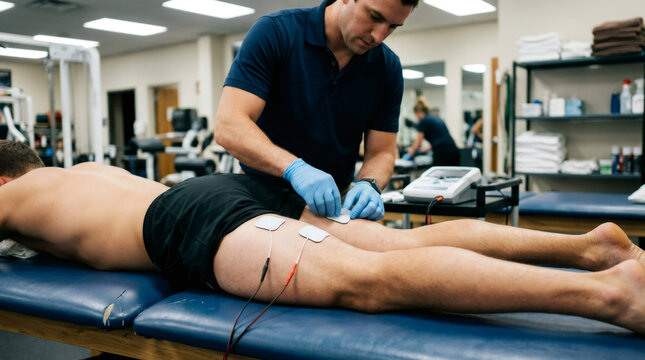 Physiotherapist applying electrode pads to patient leg for electrical stimulation therapy in clinic. Rehabilitation process of muscle recovery and injury treatment. Healthcare concept.