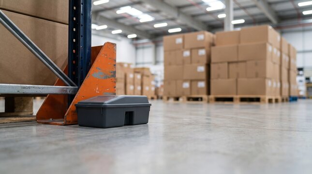 Rodent bait station on the concrete floor of a modern logistics warehouse. Commercial pest control and sanitary compliance concept.