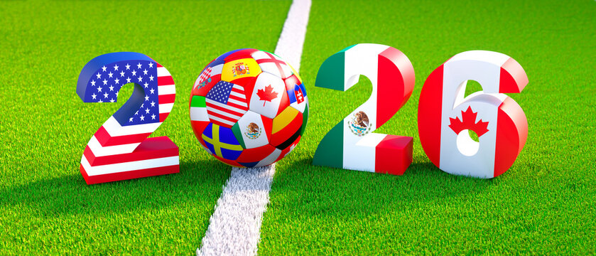 Soccer ball on green grass and the Year 2026 - 3D illustration