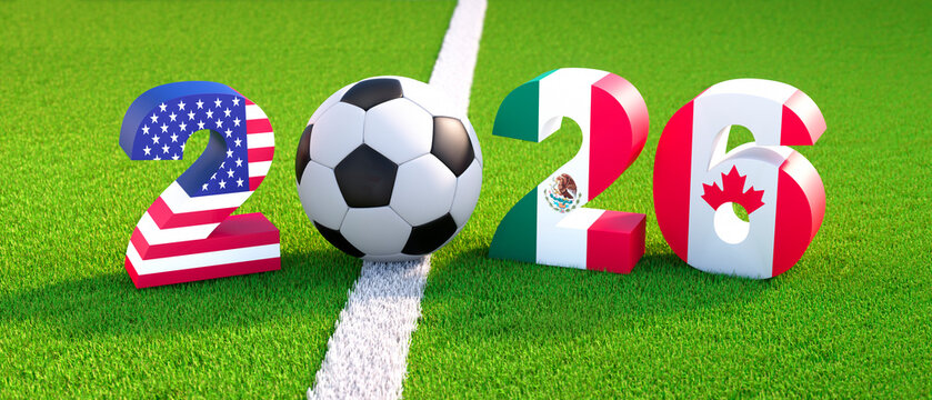 Soccer ball on green grass and the Year 2026 - 3D illustration