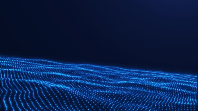Blue digital particle wave surface on dark background, abstract data flow loop for corporate technology, AI network, and futuristic science visuals