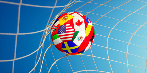 Naklejka premium Soccer ball, scoring the goal and moving the net with blue background and sun rays