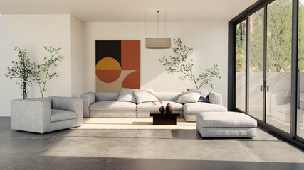 Obraz premium 3D render, illustration Large Luxury modern living room interior, brutalist architecture realistic lighting, Graphic Overlay wide angle, contemporary furniture, clean lines, minimalist decor, elegan