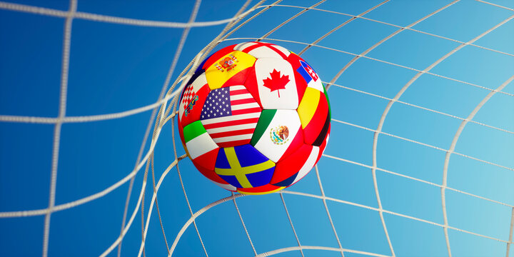 Soccer ball, scoring the goal and moving the net with blue background and sun rays
