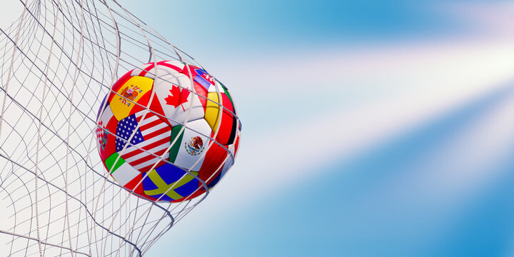 Soccer ball, scoring the goal and moving the net with blue background and sun rays