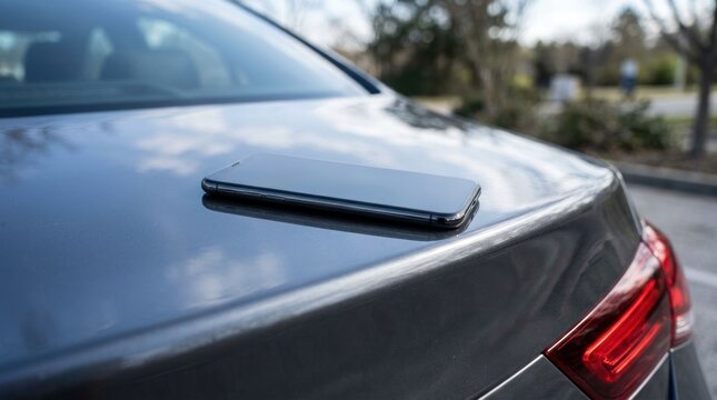 Smartphone Left on Car Trunk Lid Outdoors.