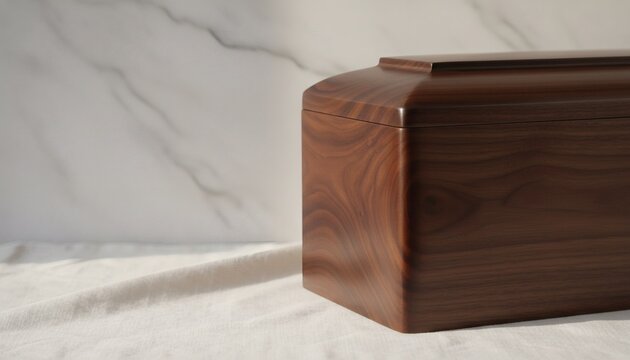 Elegant wooden box urn for ashes resting on a white linen surface with a marble background, symbolizing a peaceful remembrance and cremation concept