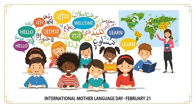 Diverse Children Celebrate International Mother Language Day with Multilingual Greetings.