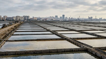 Obraz premium Vast Salt Pans with City Skyline in the Distance.