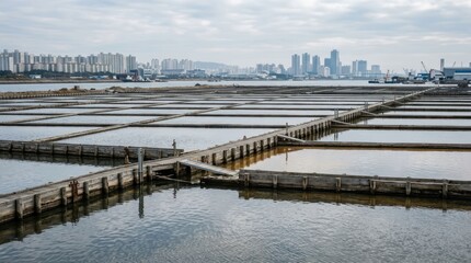 Fototapeta premium Vast Salt Pans with Wooden Walkways and Distant City Skyline Under Cloudy Sky.