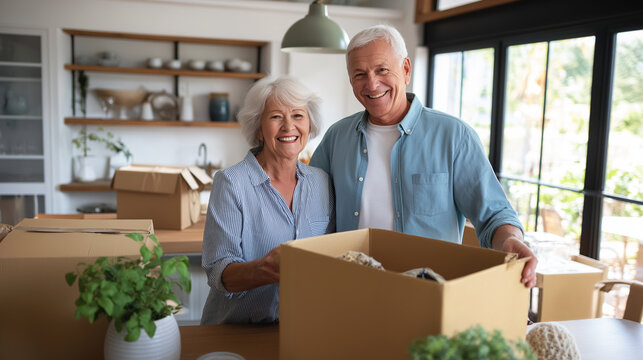Senior couple unpacking moving boxes in sunlit kitchen, smiling and celebrating new home, retirement and fresh start together