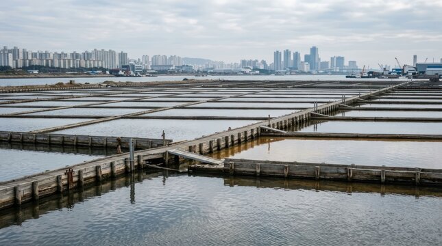 Vast Salt Pans with Wooden Walkways and Distant City Skyline Under Cloudy Sky.