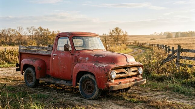 Vintage Red Pickup Truck in Rural Autumn Landscape.