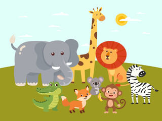 Obraz premium adorable collection various cute cartoon jungle safari animals standing together