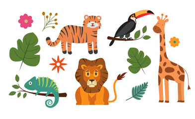 Obraz premium adorable collection various cute cartoon jungle safari animals standing together