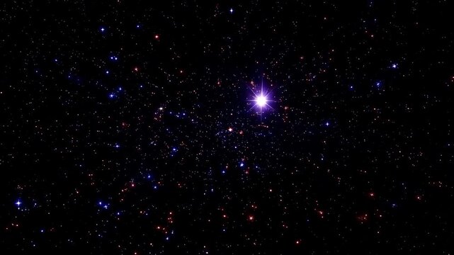 Bright purple star shining brilliantly amidst a vast field of distant twinkling stars in deep black open space. Concept of cosmic discovery and universe infinity