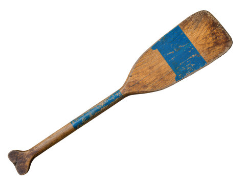 Isolated old rustic wooden boat paddle with distressed blue paint, vintage boating equipment