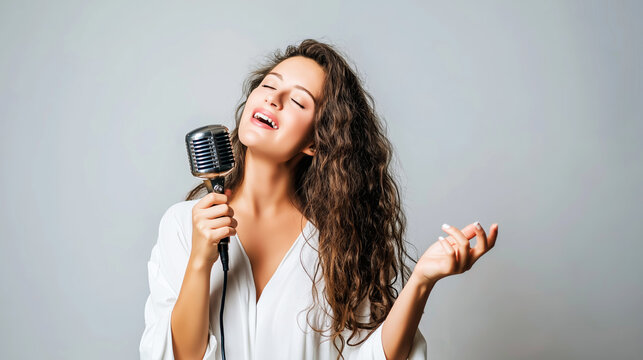 Young woman passionately singing into a retro microphone, eyes closed, creating a dynamic and emotional musical performance