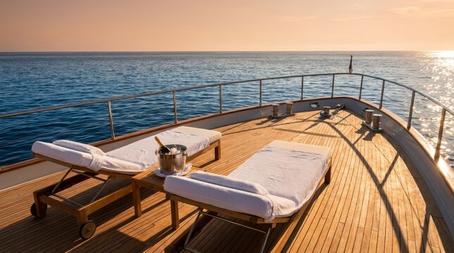 High-end luxury summer vacation concept, empty pristine teak wood superyacht deck with minimalist white sun loungers and champagne overlooking the calm sea at golden hour sunset