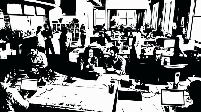 Modern open-plan office, busy employees working on laptops, collaborative workspace, teamwork