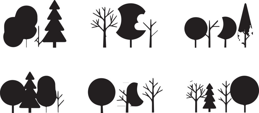 Tree silhouette icon set, conifer deciduous vector, bare branch design, abstract crescent artwork, forest nature graphic, botanical woodland emblem