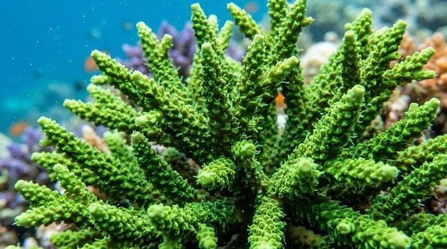 Vibrant Green Coral Colony Underwater in Tropical Ocean Ecosystem.