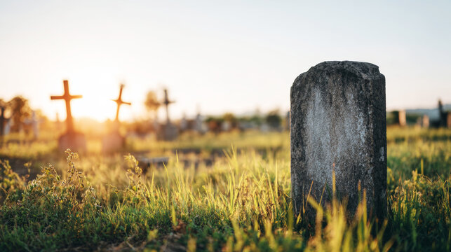 Old gravestone standing in cemetery at sunset, symbolizing death, remembrance, and the passage of time over generations