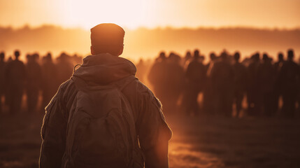 Obraz premium Soldier standing with back to camera observing military formation at sunset with warm golden light