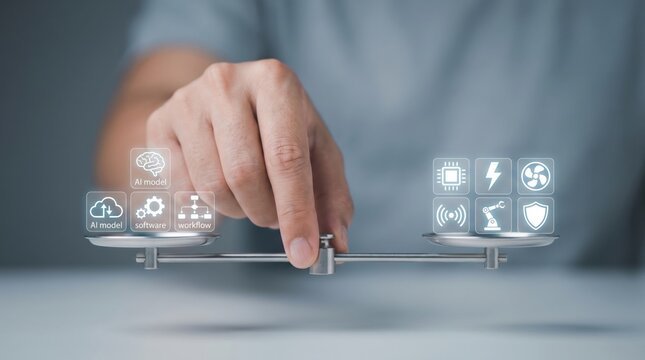 Physical AI Stack Control - Hand balances digital and physical stacks, symbolizing harmony between AI software and tangible assets with a clean, minimal interface.
