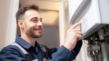Fototapeta premium Technician checking and adjusting modern boiler digital control panel, ensuring efficient home heating system operation
