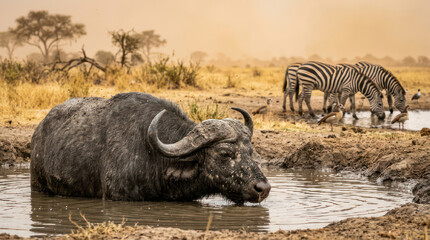 Fototapeta premium African Buffalo Drinking Water with Zebras in the Background