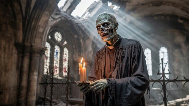 Eerie undead priest with glowing eyes and tattered robes holding lit candles in a decaying, sunlit gothic church ruin.
