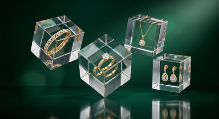 Obraz premium Elegant jewelry pieces displayed in transparent glass cubes