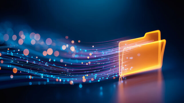 high-end 3D visualization of ecommerce data management. A glowing cyan folder icon is the focal point of a swirling stream of light particles and cables. The scene uses cinematic lighting with 