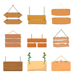 Blank wooden signboards collection. Flat vector illustration of hanging rustic wood panels and empty sign planks with ropes for text. © nguyenhuu