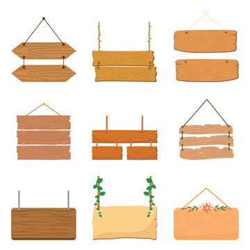 Blank wooden signboards collection. Flat vector illustration of hanging rustic wood panels and empty sign planks with ropes for text.