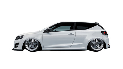 Obraz premium Isolated modern white sports hatchback car with slammed suspension and custom tuner wheels