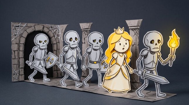 Paper-cut skeleton guards escort a captured blonde princess through a gloomy dungeon. The diorama style creates a whimsical, high-contrast, storybook fantasy feeling.