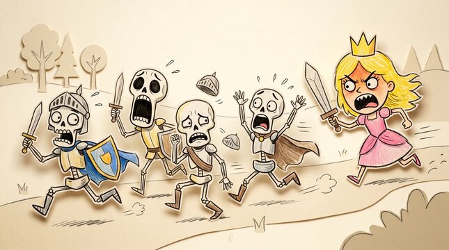 A furious, sword-wielding princess in a pink dress chases panicked skeleton soldiers. The playful paper-cut style feels hilariously chaotic, energetic, and subversive.