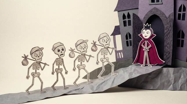 Dejected paper-cut skeletons carrying bindles line up outside a purple gothic castle door where a smug queen stands. The scene feels whimsically grim, dark, and melancholic.