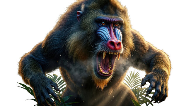 A fierce mandrill with colorful facial markings, baring sharp teeth and claws, isolated against a solid black background