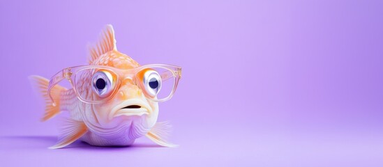 Naklejka premium A goldfish with large glasses sits on a purple background. The fish has orange and white coloring, with a surprised expression.