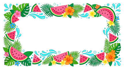 Obraz premium Vibrant Summer Fruit Border with Tropical Leaves and Water Splashes
