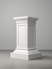 Obraz premium A minimalist white pedestal in a classic style with decorative panels and clear proportions, used as an architectural or exhibition element.