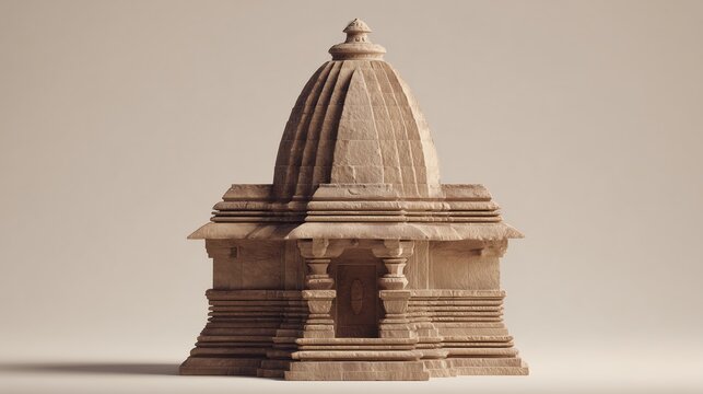 classical Nagara style Hindu temple with smooth curvilinear shikhara tower, pillared entrance and ornate stone carvings in warm sandstone on neutral background.